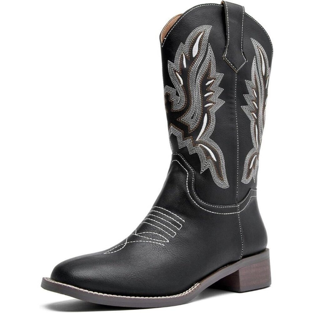 kkdom Cowboy Boots Women Black Square Toe Western Cowgirl Mid Calf Shoes